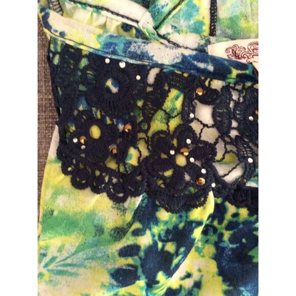 Inspire Shirt Women S Green Navy Blue Lace Rhinestone Neckline Boho Artsy Top - Picture 6 of 8